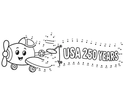 Classic biplane towing an America 250 banner across 54 printable dots