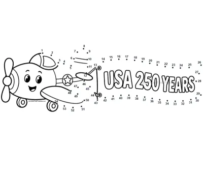 America 250 anniversary airplane banner dot-to-dot printable worksheet - free download for kids ages 4-8