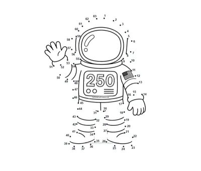 America 250 astronaut dot-to-dot printable worksheet - free download for kids ages 4-8