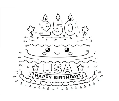 America 250 birthday cake dot-to-dot printable worksheet - free download for kids ages 4-8