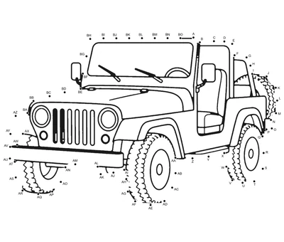 Open-top off-road Jeep outlined by 67 numbered dots