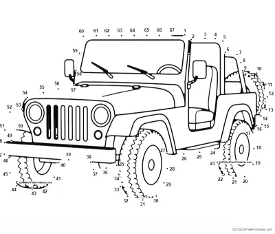 Open-top off-road Jeep outlined by 67 numbered dots